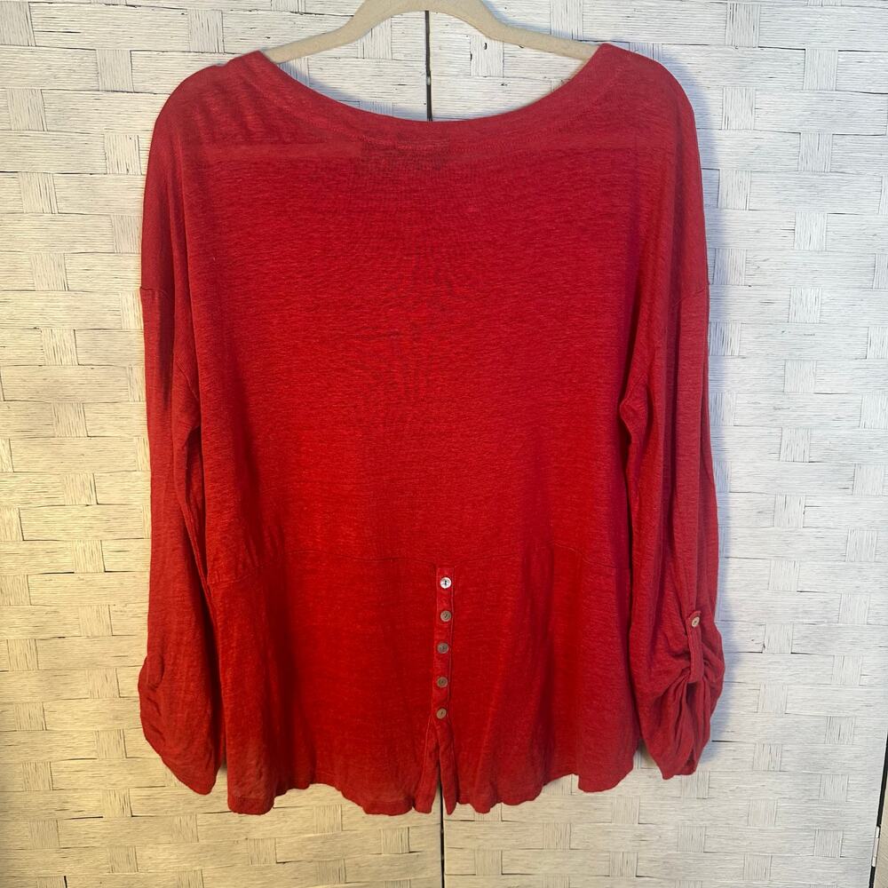 Adrienne Vittadini women’s 100% linen T-shirt long sleeve roll tab red feminine - Picture 2 of 8
